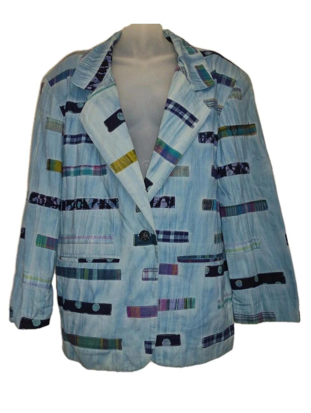 VTG 80s Men’s Patchwork Cotton Jacket East West India Blue Tie Dye Art Wear M